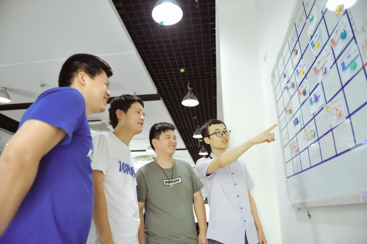 A team reviewing a planning board together