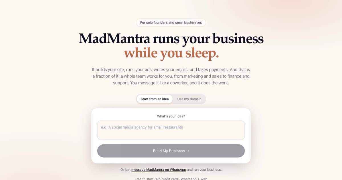 Mad Mantra homepage: “MadMantra runs your business while you sleep.”