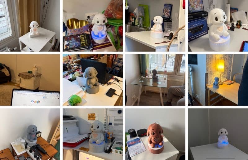Twelve photos of Qluve robots, each in a different resident's room